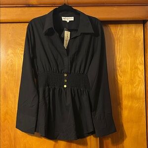 Black Smocked-Waist Long Sleeve Top - Unbranded